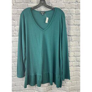 Dressbarn Womens Size 3X Teal Ribbed Long Sleeve V-Neck Ruffle Hem Top